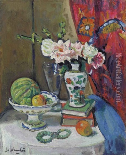 Pink Roses, Red Curtain In Background, Green Melon And Jade Necklace Oil Painting - George Leslie Hunter