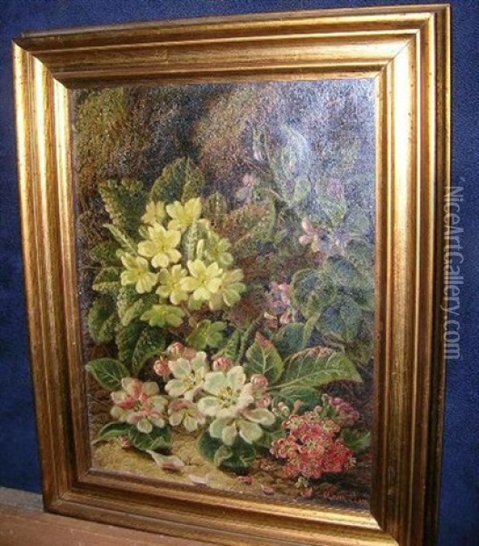 Still Life Of Primroses And Apple Blossom On A Mossy Bank Oil Painting - Oliver Clare