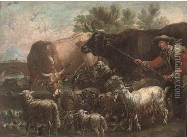 A Shepherd And His Flock Fording A River Oil Painting - Domenico Brandi