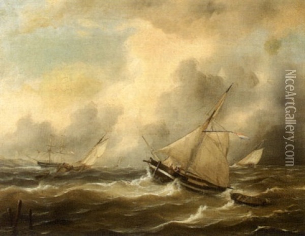 Dutch Fishing Ships On The North Sea Oil Painting - Johannes Hermanus Barend Koekkoek