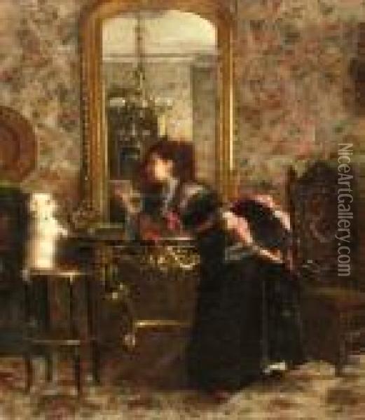 Lady With A Dog By A Mirrorin An Interior Oil Painting - Theodore Jacques Ralli