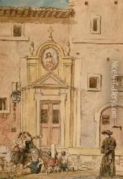 Mendicanti Alle Porte Di Una Chiesa Oil Painting - Achille Pinelli