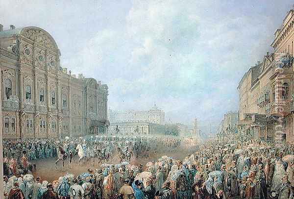 Military Review on the Nevsky Avenue at the Beloselsky-Belozersky Palace, 1859 Oil Painting - Vasili Semenovich Sadovnikov