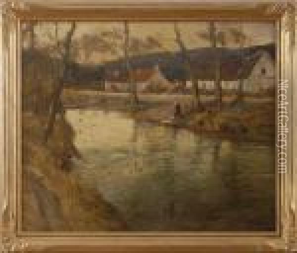 Farm House By River Oil Painting - George Ames Aldrich