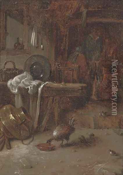 A kitchen interior with a couple by a fire, a hen and its chicks in the foreground Oil Painting - Willem Kalf