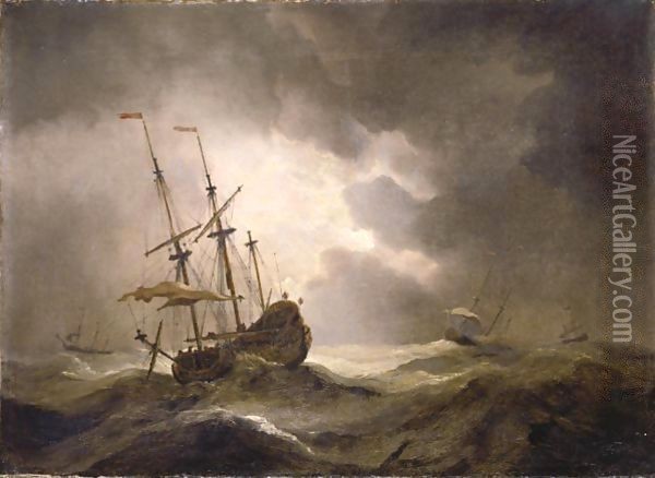 A Merchantman In A Storm, Three Other Ships On The Horizon Oil Painting - Willem van de Velde the Younger