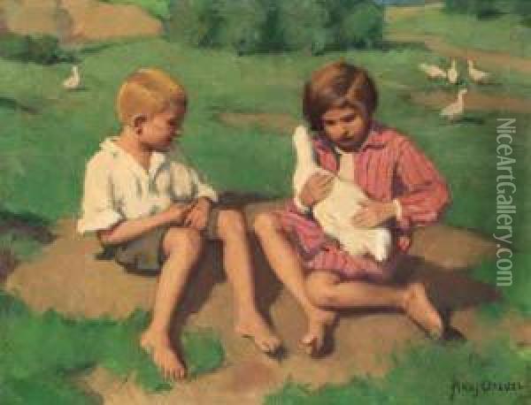 Children Playing With A Goose Oil Painting - Frans David Oerder