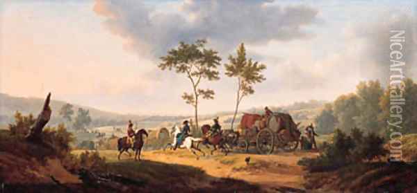 An extensive wooded landscape with cavalrymen escorting a wagon train Oil Painting - Joseph Swebach-Desfontaines