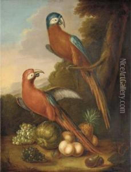 Two Parrots, Grapes, Peaches, Figs, A Melon And A Pineapple In A Wooded Landscape Oil Painting - Heroman Van Der Mijn