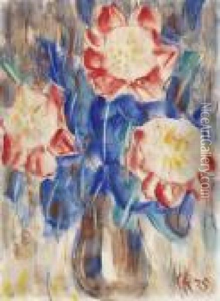 Rote Und Blaueblumen In Vase Oil Painting - Christian Rohlfs