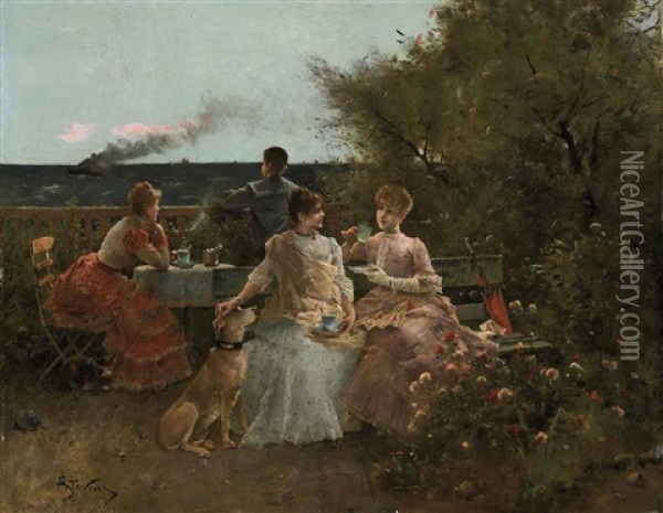 Ladies On A Terrace, Normandy Oil Painting - Alfred George Stevens