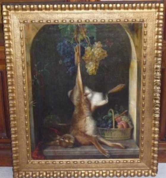 Nature Morte Au Lievre Et Raisins Sur Un Entablement Oil Painting - Auguste Dussauce