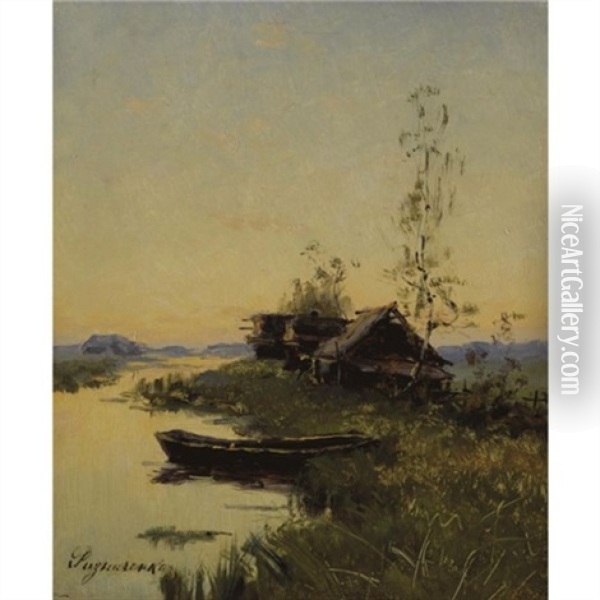 Landscape With Boat Oil Painting - Fedor Petrovich Riznichenko
