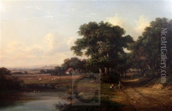 Boys Beside A Pond In An Extensive Landscape Oil Painting - Walter Heath Williams