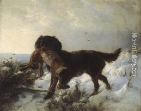 Jagdhund Im Schnee Mit Erlegtem Hasen Oil Painting - Ludwig Benno Fay
