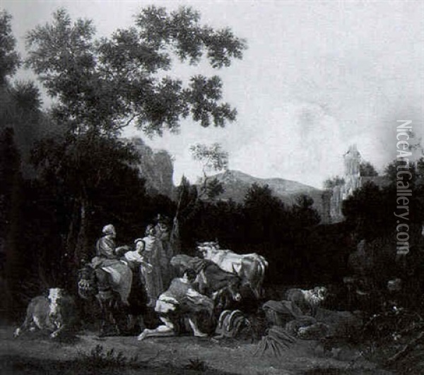 Italianate Landscape With Travellers Pausing With Their Animals By A Stream Oil Painting - Johannes van der Bent
