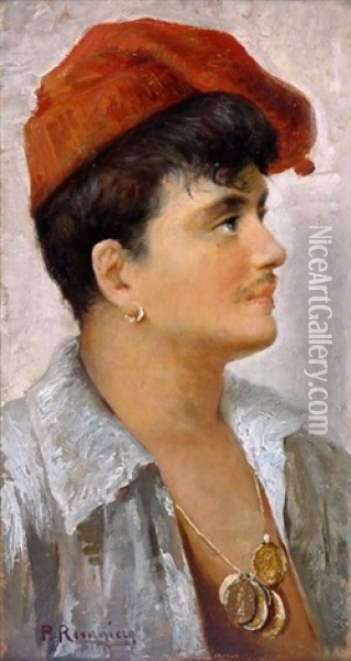 Portrat Eines Jungen Italieners Mit Ohrring Und Roter Mutze Oil Painting - Pasquale Ruggiero