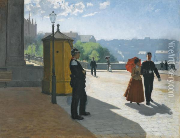 Soldiers Outside The Nationalmuseum, Stockholm Oil Painting - Carl Axel Hedelin