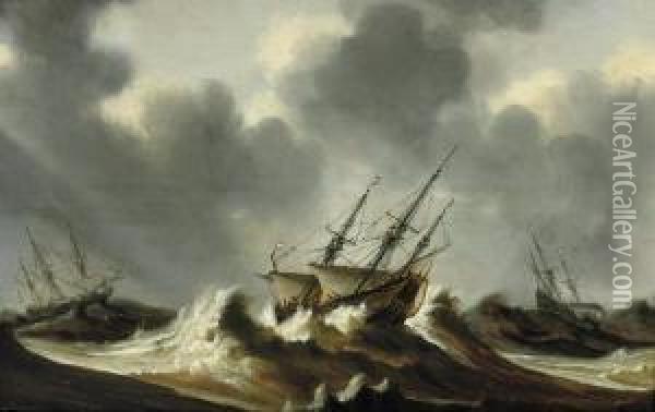 Dutch Three-masters In Stormy Waters Oil Painting - Claes Claesz. Wou