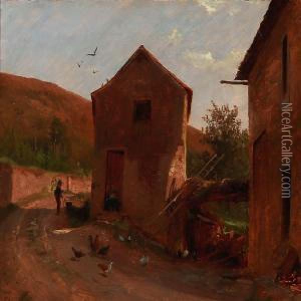 Southern Landscape With A Pair Of Houses Near A Road Oil Painting - Frederik Niels M. Rohde
