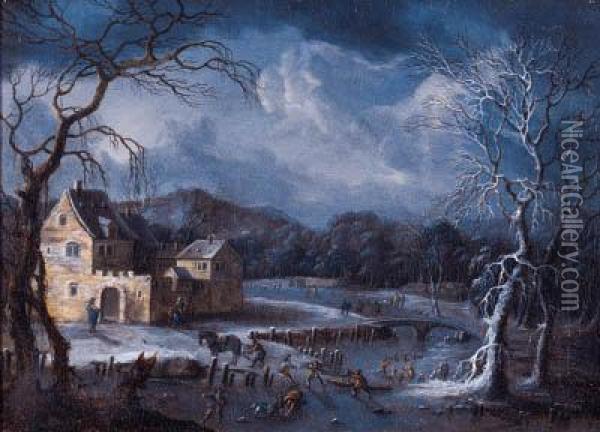 Winter Landscapes With Skaters And Travellers On Horsedrawn Sledgesby Fortified Mansions Oil Painting - Johann Christian Vollerdt or Vollaert
