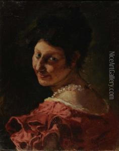 Giovane Donna In Abito Rosa Oil Painting - Eleuterio Pagliano