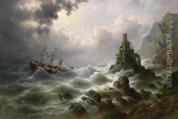 Stormy Sea With Lighthouse On The Coast Oil Painting - Georg Fischof