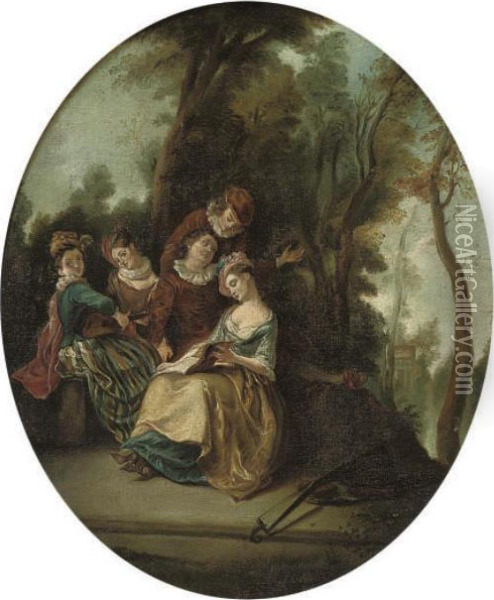 Elegant Company Making Music In A Wooded Landscape Oil Painting - Watteau, Jean Antoine