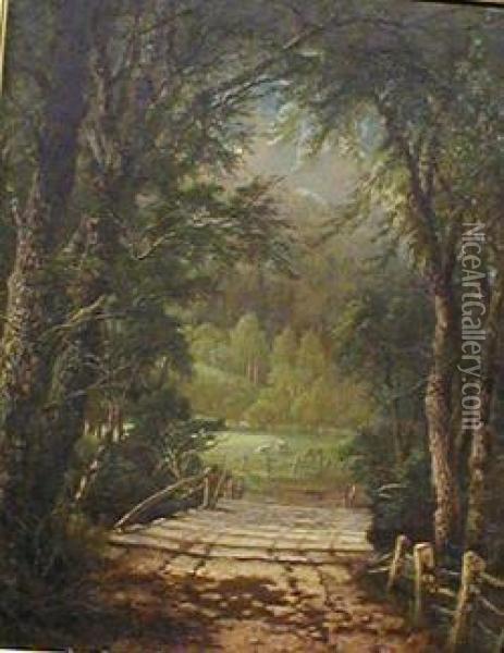 A Sunlit Bridge In The Woods Oil Painting - Thomas Worthington Whittredge