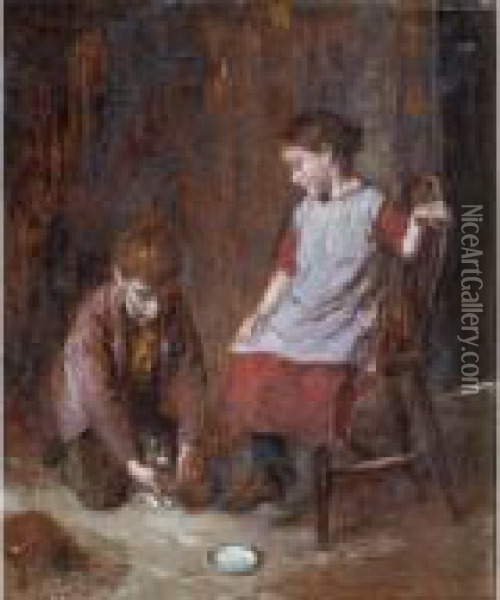 The Contest; A Bowl Of Milk Oil Painting - William Hemsley