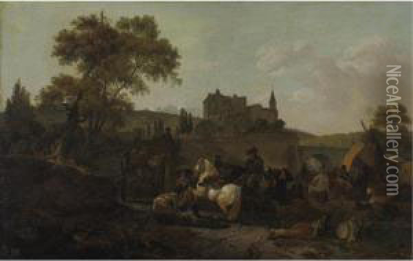 A Military Encampment In Front Of A Town Oil Painting - Michel Hamon-Duplessis