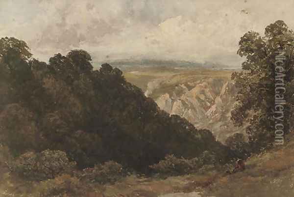 A figure looking over a mountainous landscape Oil Painting - David Cox