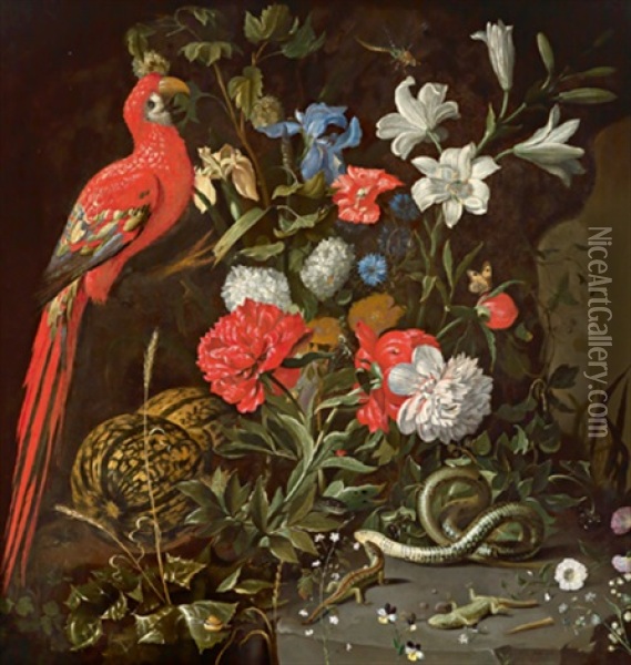 Groses Blumenstuck Mit Melonen, Reptilien Und Einem Papagei Oil Painting - Jacob Marrel