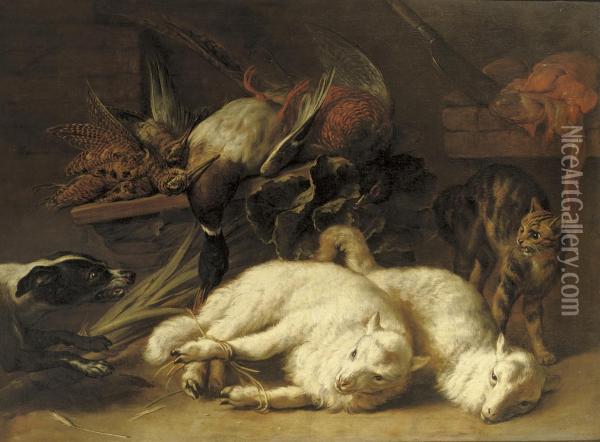 Game Including A Duck And A Grouse On A Wooden Ledge With Two Tied Up Lambs, A Hound And A Cat Nearby Oil Painting - Nicasius Bernaerts