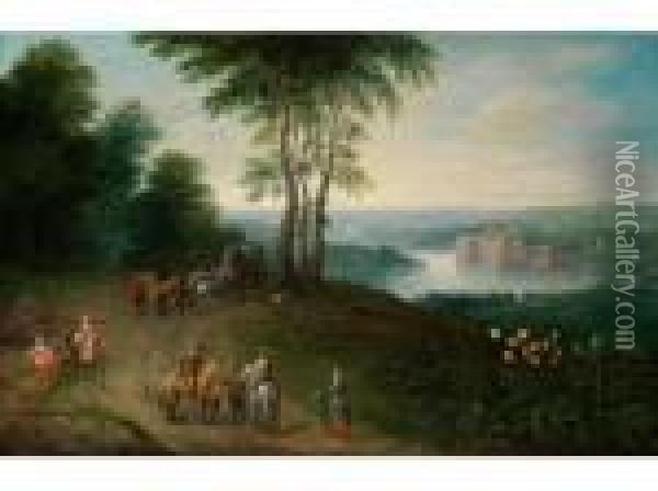 Landschaft Mit Reitern Und 
Pferdewagenauf Einer Anhohe Uber Einem Flusstal Mit Wasserschloss Oil Painting - Jan Brueghel the Younger