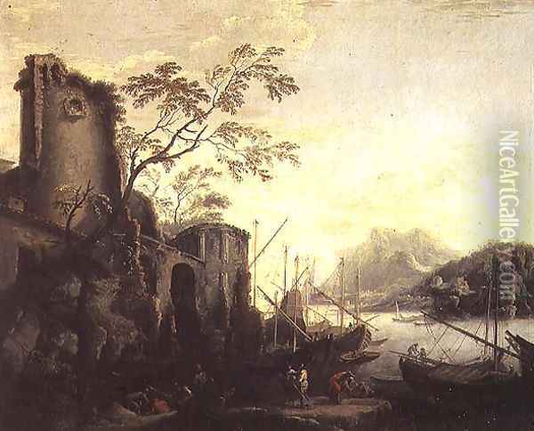 River landscape with boats and ruins Oil Painting - Salvator Rosa