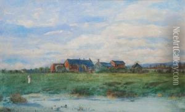 Rural Landscape With Cottages, And Young Ladyby A River Oil Painting - Thomas Wade
