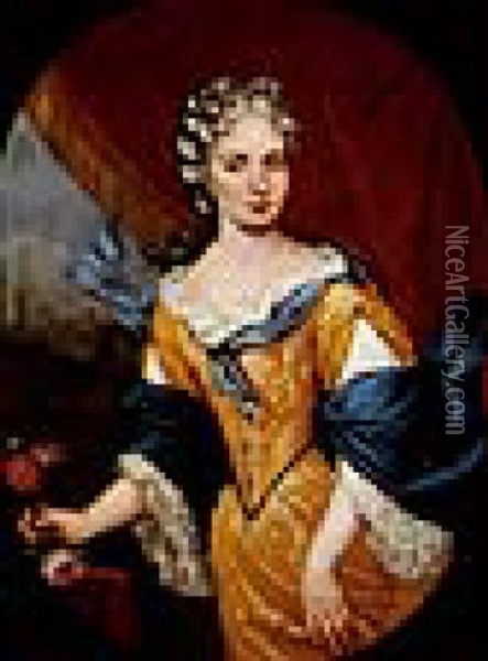Bildnis Einer Dame In Goldfarbenem Bestickten Kleid Und Blauem Umhang Oil Painting - Vittore Giuseppe Ghislandi (Fra' Galgario)