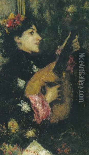 A Lady With A Mandolin Oil Painting - Antonio Mancini