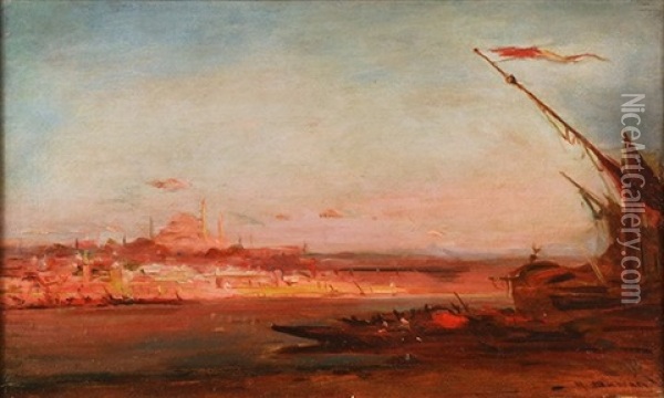 Sunset Over Bosphorus, Istanbul Oil Painting - Henri Duvieux