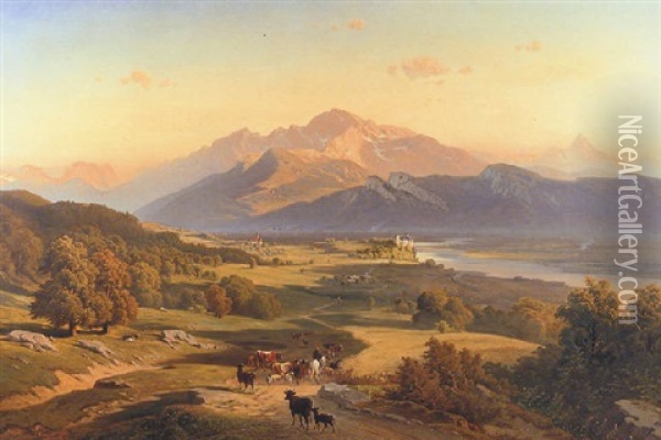 Drover On Horseback With His Cattle In A Mountainous Landscape With Schloss Anif, Salzburg, Beyond Oil Painting - Josef Mayburger