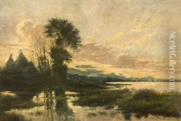 Dusk River Landscape Oil Painting - Edmond De Schampheleer