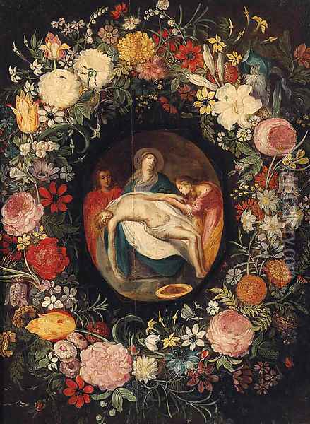 The Lamentation in a medallion surrounded by a garland of flowers Oil Painting - Jan Brueghel the Younger
