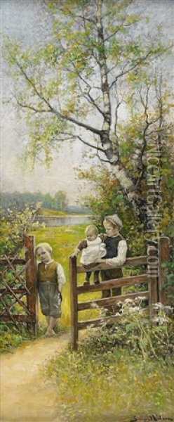 Sommarlandskap Med Barn Vid Grind Oil Painting - Johan Severin Nilsson