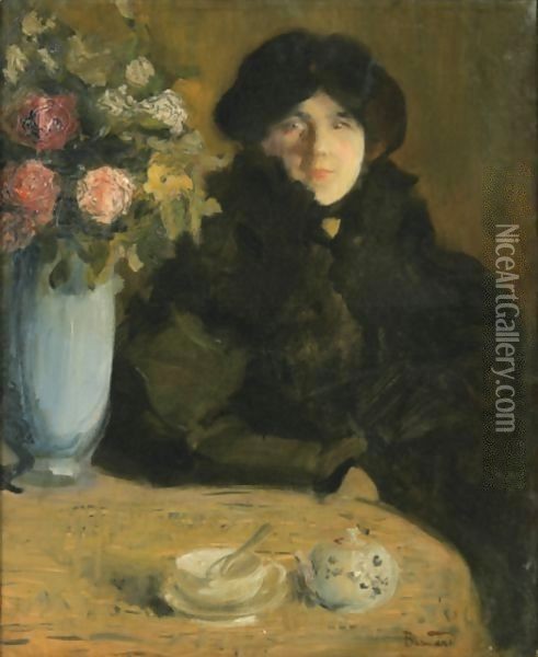 Portrait Of A Woman With A Vase Of Flowers Oil Painting - Paul Albert Besnard