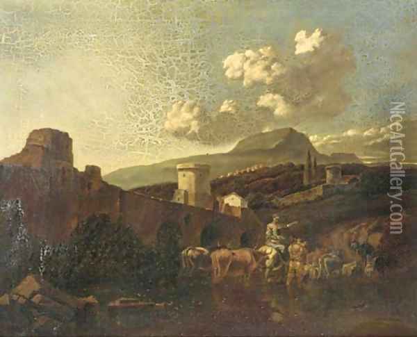 An Italianate landscape with drovers and their cattle fording a river Oil Painting - Nicolaes Berchem