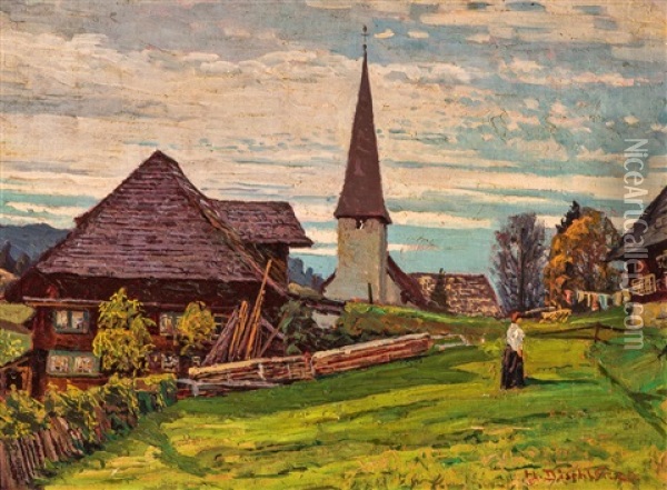 Dorfkirche - Abend (village Church - Evening) Oil Painting - Hermann Dischler