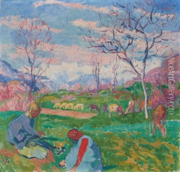 Wiesen Bei Stampa Mit Kindern Und Mit Weidendem Vieh Oil Painting - Giovanni Giacometti