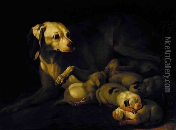 The Bitch Hound Nursing her Puppies Oil Painting - Jean Jacques Bachelier