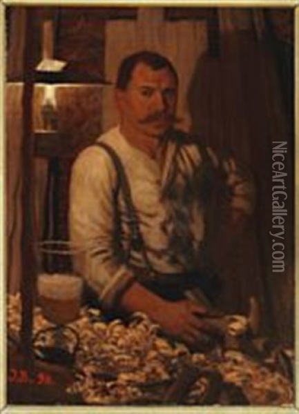 Portrait Of Carpenter Lauritz Lassen In His Workshop In Berlin Oil Painting - Jens Birkholm